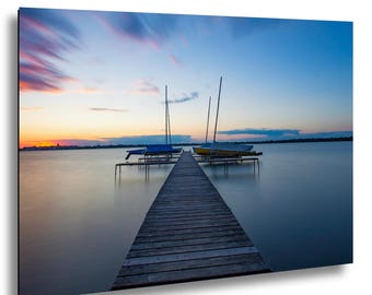 Lake Monona Sunset Print, Sailboat Dock Wall Art, Madison Skyline Photography