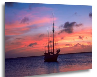 Bonaire Sunset Sailboat Photography, Caribbean Ocean Wall Art, Tropical Beach Decor