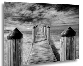 Florida Keys Black and White Ocean Pier Photography, Coastal Nautical Wall Art