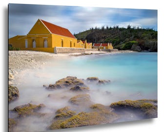 Bonaire Beach Photography, Yellow Buildings, Turquoise Caribbean Water, Island Coastal Print