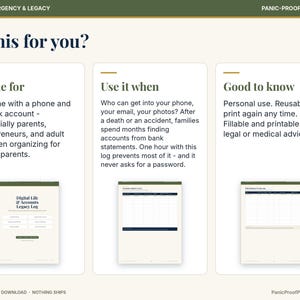 May include: A digital document titled Family Emergency & Legacy Panic-Proof Printables. It features three sections: Made for, Use it when, and Good to know, with three sample pages showing a Digital Life & Accounts Legacy Log and data tables.