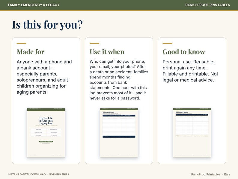 May include: A digital document titled Family Emergency & Legacy Panic-Proof Printables. It features three sections: Made for, Use it when, and Good to know, with three sample pages showing a Digital Life & Accounts Legacy Log and data tables.