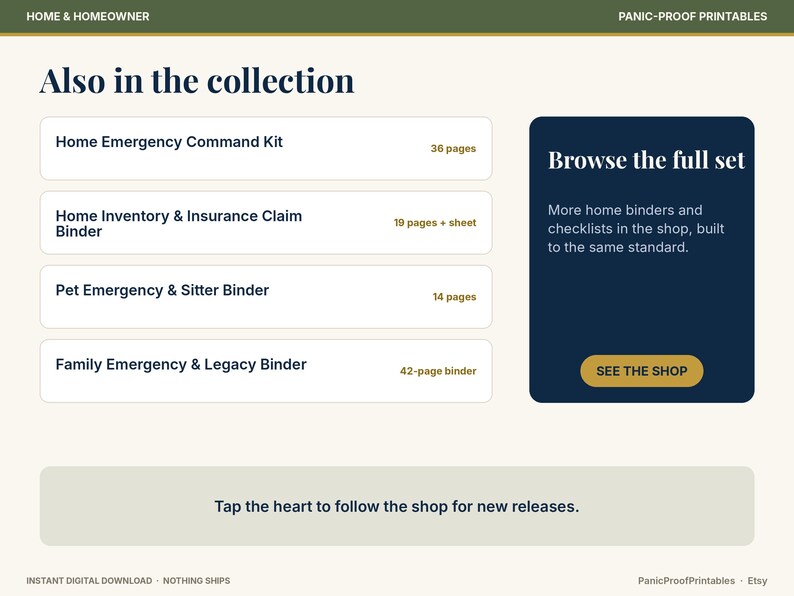 May include: A digital collection menu titled Also in the collection listing four printable binders: Home Emergency Command Kit, Home Inventory & Insurance Claim Binder, Pet Emergency & Sitter Binder, and Family Emergency & Legacy Binder.