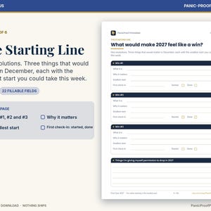 May include: A digital planner page titled The Starting Line, featuring sections for three wins, why they matter, and the smallest start. It includes 22 fillable fields, checkboxes for status, and a monthly tab sidebar for the year 2027.