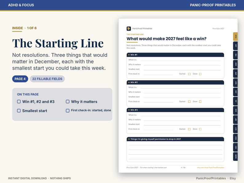 May include: A digital planner page titled The Starting Line, featuring sections for three wins, why they matter, and the smallest start. It includes 22 fillable fields, checkboxes for status, and a monthly tab sidebar for the year 2027.