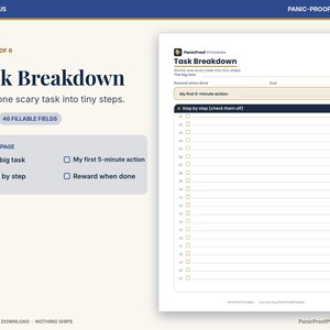 May include: A digital task breakdown printable sheet featuring a header titled Task Breakdown, a section for a big task, a due date, a reward, a 5-minute action box, and a numbered list of 21 checkboxes for step-by-step task management.