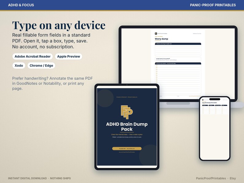 Puede incluir: Un paquete digital ADHD Brain Dump mostrado en una computadora port&aacute;til, tableta y tel&eacute;fono inteligente. La pantalla muestra campos de formulario PDF rellenables, instrucciones de texto e iconos de compatibilidad de software.