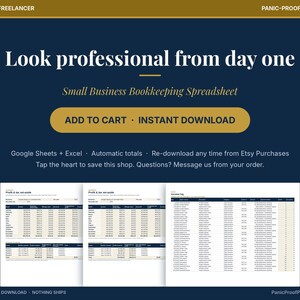 May include: A digital small business bookkeeping spreadsheet template with a dark blue background. Text reads: Look professional from day one, Small Business Bookkeeping Spreadsheet, ADD TO CART, INSTANT DOWNLOAD, Google Sheets + Excel.