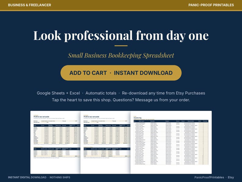May include: A digital small business bookkeeping spreadsheet template with a dark blue background. Text reads: Look professional from day one, Small Business Bookkeeping Spreadsheet, ADD TO CART, INSTANT DOWNLOAD, Google Sheets + Excel.