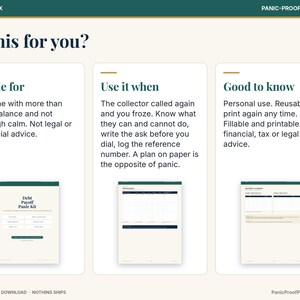 May include: A digital informational graphic titled Is this for you? featuring three columns with text headers Made for, Use it when, and Good to know. Below each header are descriptions and small previews of Debt Payoff Panic Kit pages.