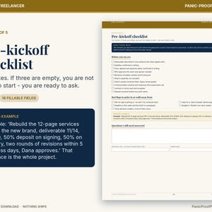May include: A digital printable document titled Pre-kickoff checklist, featuring sections for client requirements, red flags, and questions. The layout includes a worked example box, checkboxes, and fillable fields for business project management.