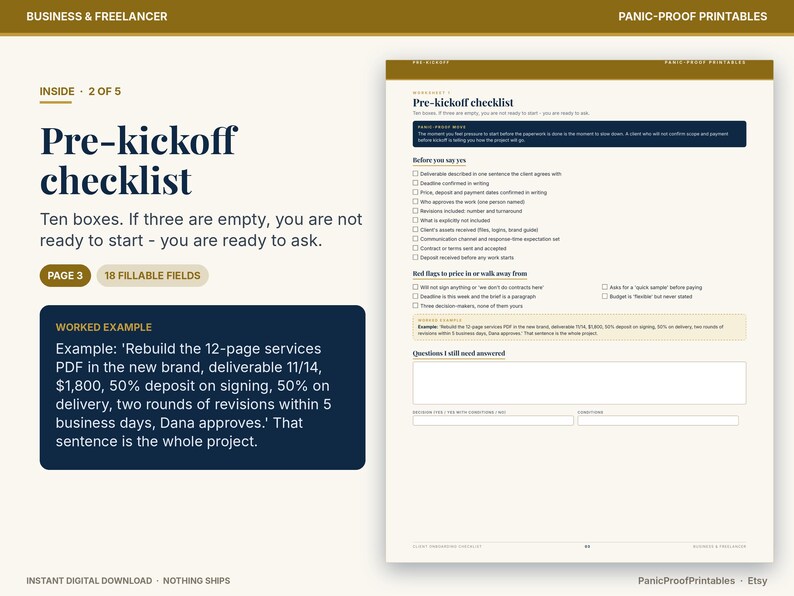 May include: A digital printable document titled Pre-kickoff checklist, featuring sections for client requirements, red flags, and questions. The layout includes a worked example box, checkboxes, and fillable fields for business project management.