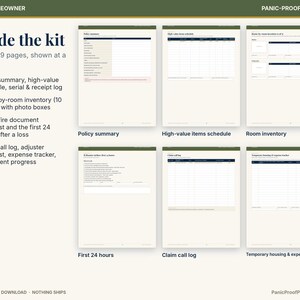 May include: A digital home inventory kit featuring 6 of 19 pages including a policy summary, high-value items schedule, room inventory, first 24 hours checklist, claim call log, and a temporary housing and expense tracker for organization.