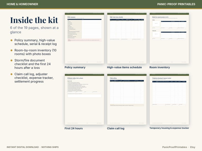 May include: A digital home inventory kit featuring 6 of 19 pages including a policy summary, high-value items schedule, room inventory, first 24 hours checklist, claim call log, and a temporary housing and expense tracker for organization.