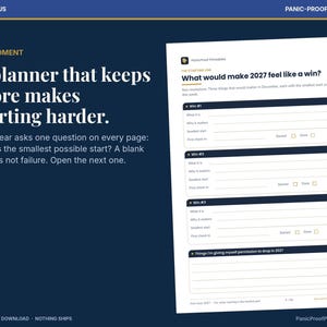 May include: A digital planner page titled What would make 2027 feel like a win? featuring sections for three wins with fields for what it is, why it matters, smallest start, and check-in boxes, plus a section for things to drop in 2027.
