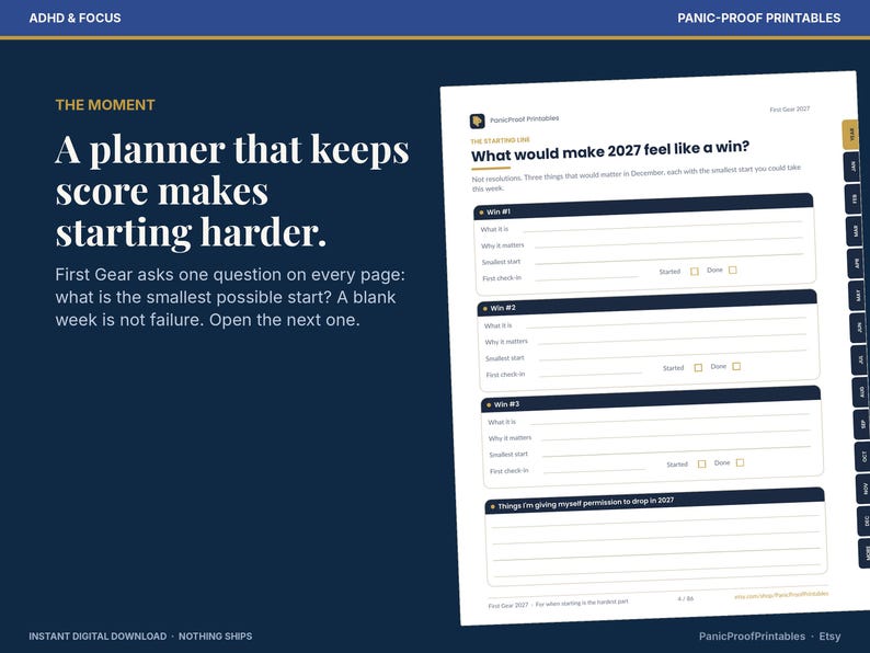 May include: A digital planner page titled What would make 2027 feel like a win? featuring sections for three wins with fields for what it is, why it matters, smallest start, and check-in boxes, plus a section for things to drop in 2027.