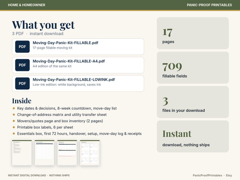May include: A digital moving kit containing three PDF files: Moving-Day-Panic-Kit-FILLABLE.pdf, Moving-Day-Panic-Kit-FILLABLE-A4.pdf, and Moving-Day-Panic-Kit-FILLABLE-LOWINK.pdf. The kit includes 17 pages, 709 fillable fields, and lists for key dates, box inventory, and labels.