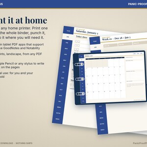 May include: A digital planner set featuring blue and white pages with monthly and weekly layouts. The text includes ADHD & FOCUS, PANIC-PROOF PRINTABLES, Print it at home, and various calendar dates. The design includes tabs for months and notes.