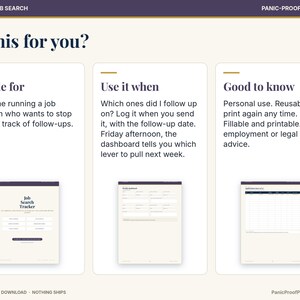 May include: A digital job search tracker template featuring three sections titled Made for, Use it when, and Good to know. The layout includes text instructions and three small preview images of the printable dashboard and tracking forms.