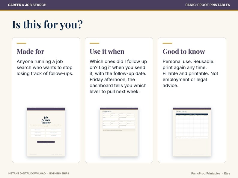 May include: A digital job search tracker template featuring three sections titled Made for, Use it when, and Good to know. The layout includes text instructions and three small preview images of the printable dashboard and tracking forms.