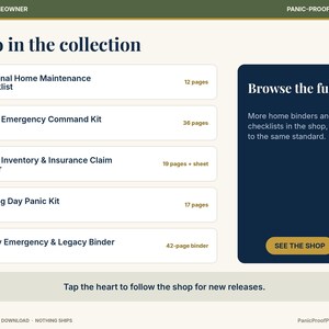 May include: A digital graphic listing home organization printables with the text Also in the collection, Seasonal Home Maintenance Checklist, Home Emergency Command Kit, Home Inventory & Insurance Claim Binder, Moving Day Panic Kit, and Family Emergency & Legacy Binder.