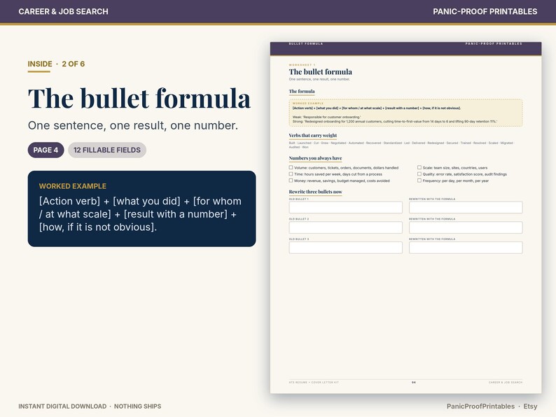 May include: A digital worksheet titled The bullet formula with the subtitle One sentence, one result, one number. The page includes a worked example, a list of verbs that carry weight, numbers to include, and three fillable fields.