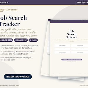 May include: A Job Search Tracker digital printable set featuring 12 pages, Google Sheets compatibility, and fillable PDF options. The document includes sections for weekly dashboards, application logs, contact tracking, and interview preparation.