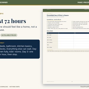 May include: A printable document titled First 72 hours, featuring a checklist for an essentials box and a schedule for the first three days of moving. The layout includes sections for tasks, a table for daily planning, and text instructions on a cream background.