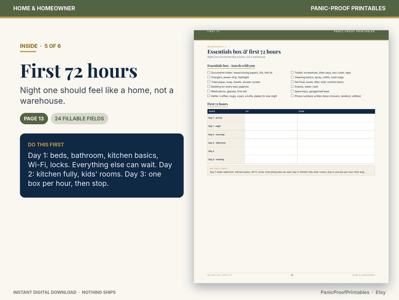 May include: A printable document titled First 72 hours, featuring a checklist for an essentials box and a schedule for the first three days of moving. The layout includes sections for tasks, a table for daily planning, and text instructions on a cream background.