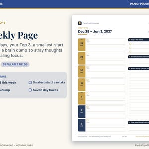 May include: A digital weekly planner page titled Weekly Page with sections for Top 3 this week, Smallest start I can take, and Brain dump. The layout includes seven daily boxes for Dec 28 to Jan 3, 2027, with 38 fillable fields and side tabs.