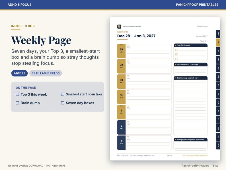 May include: A digital weekly planner page titled Weekly Page with sections for Top 3 this week, Smallest start I can take, and Brain dump. The layout includes seven daily boxes for Dec 28 to Jan 3, 2027, with 38 fillable fields and side tabs.