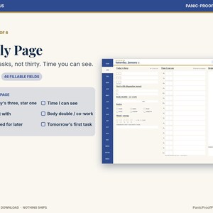 May include: A digital daily planner page template featuring a blue sidebar with navigation tabs, a date field, and sections for Today's Three, Time I Can See, and Brain Dump. The layout includes checkboxes for tasks, mood tracking, and energy levels.