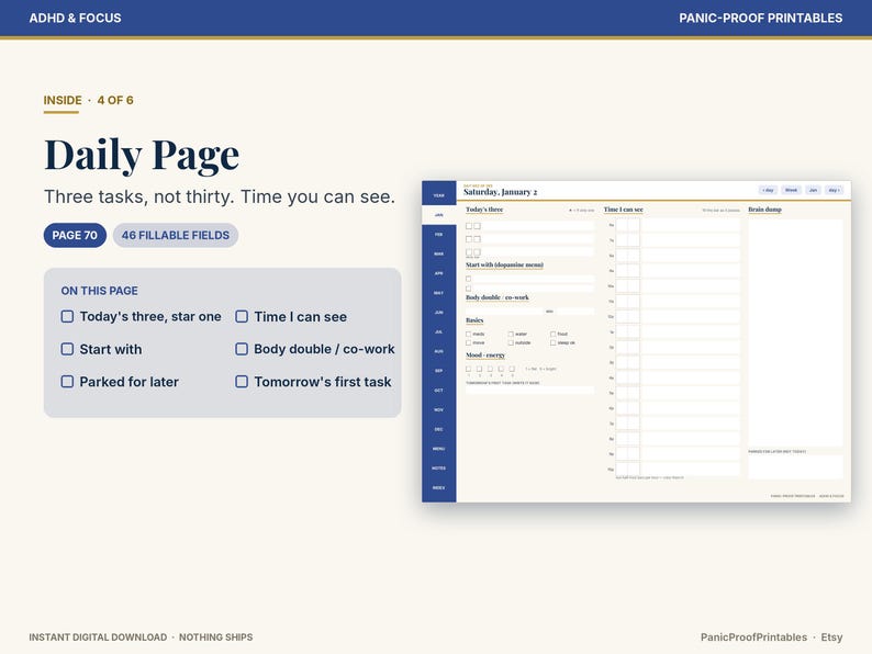 May include: A digital daily planner page template featuring a blue sidebar with navigation tabs, a date field, and sections for Today's Three, Time I Can See, and Brain Dump. The layout includes checkboxes for tasks, mood tracking, and energy levels.