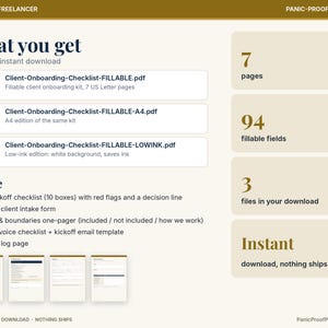May include: A digital product listing titled What you get, featuring three PDF files: Client-Onboarding-Checklist-FILLABLE, A4 edition, and LOWINK. It lists 7 pages, 94 fillable fields, 3 files, and includes a checklist, intake form, and templates.