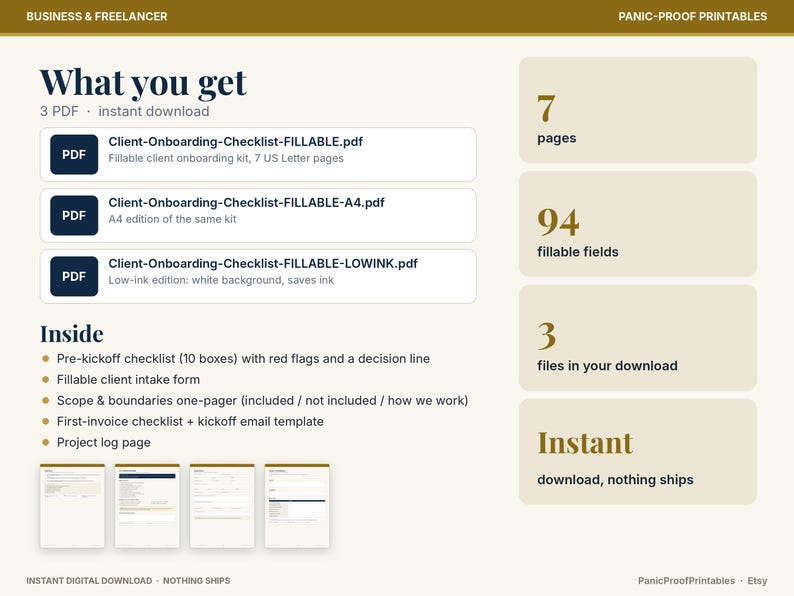 May include: A digital product listing titled What you get, featuring three PDF files: Client-Onboarding-Checklist-FILLABLE, A4 edition, and LOWINK. It lists 7 pages, 94 fillable fields, 3 files, and includes a checklist, intake form, and templates.