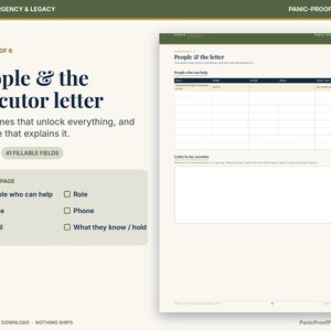 May include: A digital printable worksheet titled People & the executor letter, featuring a table for contacts and a blank space for a letter. The page includes fields for role, name, phone, email, and what they know or hold, totaling 41 fillable fields.