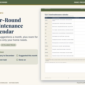May include: A Year-Round Maintenance Calendar printable document featuring a monthly task table with columns for suggested tasks, personal tasks, and completion dates, plus a section for additional notes and home-specific maintenance reminders.