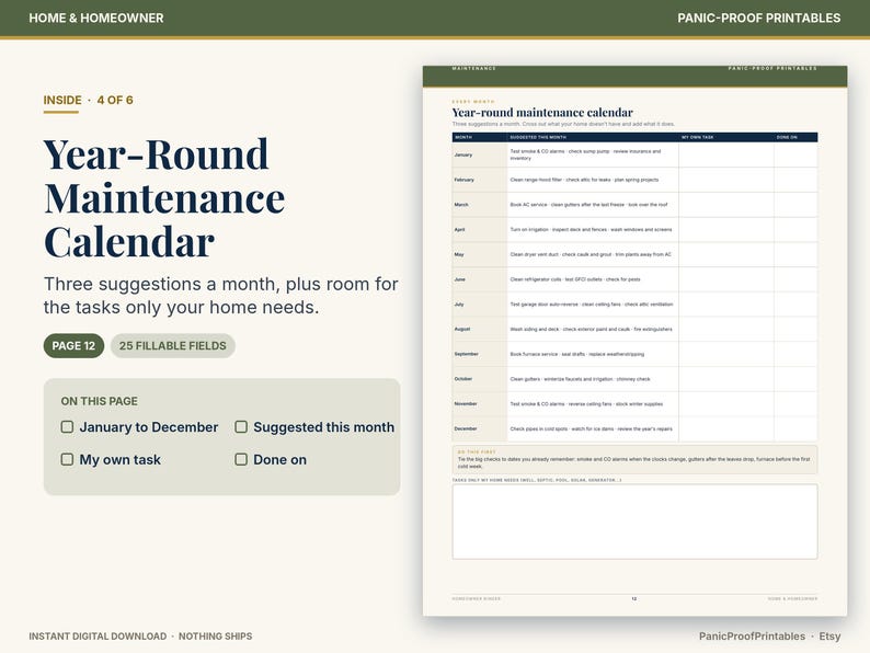 May include: A Year-Round Maintenance Calendar printable document featuring a monthly task table with columns for suggested tasks, personal tasks, and completion dates, plus a section for additional notes and home-specific maintenance reminders.