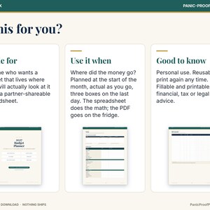 以下が含まれることがあります： Is this for you?というタイトルのデジタル予算プランナーのインフォグラフィック。Made for、Use it when、Good to knowの3つのセクションがあります。2027年の予算プランナー、スプレッドシートのレイアウト、グリッドを示す3つの小さなドキュメントプレビューが含まれています。