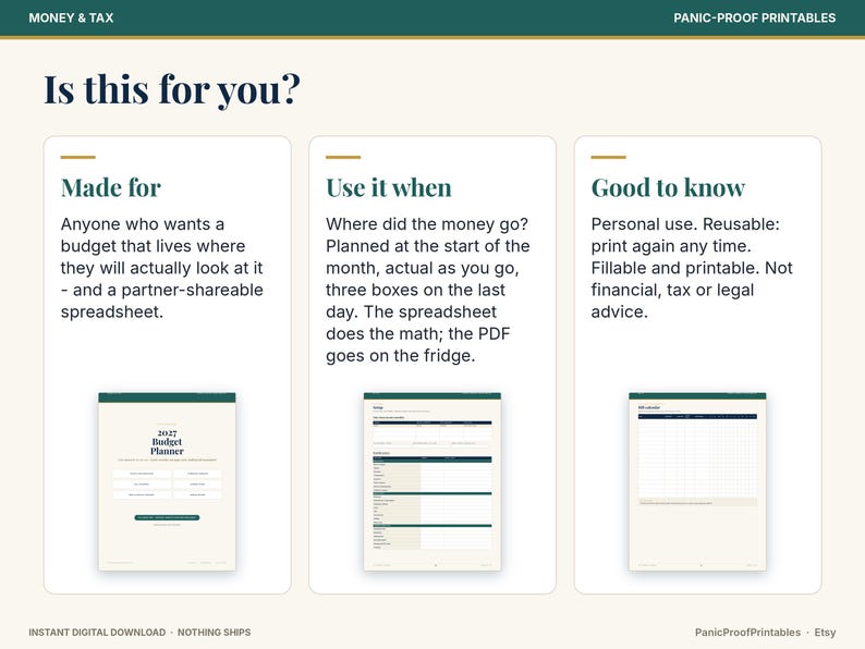 以下が含まれることがあります： Is this for you?というタイトルのデジタル予算プランナーのインフォグラフィック。Made for、Use it when、Good to knowの3つのセクションがあります。2027年の予算プランナー、スプレッドシートのレイアウト、グリッドを示す3つの小さなドキュメントプレビューが含まれています。
