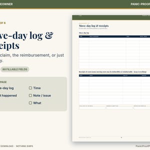 May include: A printable move-day log and receipts worksheet featuring dark blue text on a cream background. The document includes sections for tracking time, events, and expenses with 88 fillable fields, labeled as page 16 of 6.