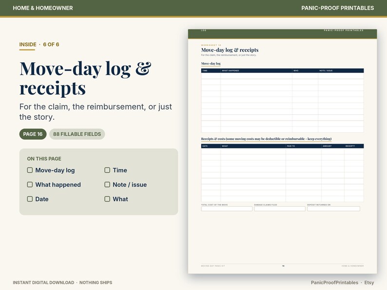 May include: A printable move-day log and receipts worksheet featuring dark blue text on a cream background. The document includes sections for tracking time, events, and expenses with 88 fillable fields, labeled as page 16 of 6.