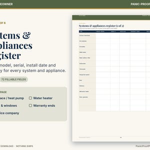 May include: A Systems & Appliances Register printable page featuring a table with columns for item, brand, model, serial number, install date, warranty date, and service company. The document includes 72 fillable fields for home maintenance tracking.