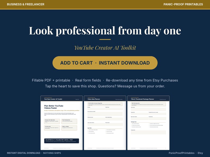 May include: A digital YouTube Creator AI Toolkit featuring fillable PDF forms and planners. The dark blue graphic displays the text Look professional from day one, YouTube Creator AI Toolkit, and ADD TO CART INSTANT DOWNLOAD buttons.