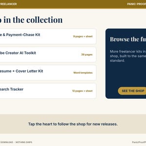 May include: A digital product collection page titled Also in the collection featuring an Invoice & Payment-Chase Kit, YouTube Creator AI Toolkit, ATS Resume + Cover Letter Kit, and Job Search Tracker with a dark blue Browse the full set box.