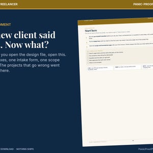 May include: A digital printable document titled Start here, featuring a checklist for freelancers. The page includes sections for client intake, scope, and boundaries, with text boxes and checkboxes on a white background with gold accents.