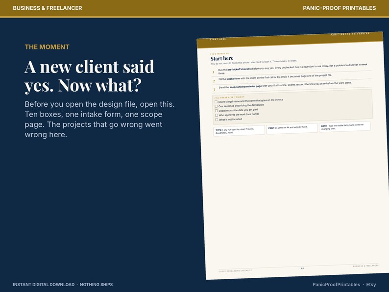 May include: A digital printable document titled Start here, featuring a checklist for freelancers. The page includes sections for client intake, scope, and boundaries, with text boxes and checkboxes on a white background with gold accents.