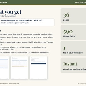 Puede incluir: Un kit digital de emergencia para el hogar en PDF imprimible con 36 p&aacute;ginas y 590 campos rellenables. El documento incluye secciones para contactos de emergencia, instrucciones de corte de servicios y seguimiento de seguros.