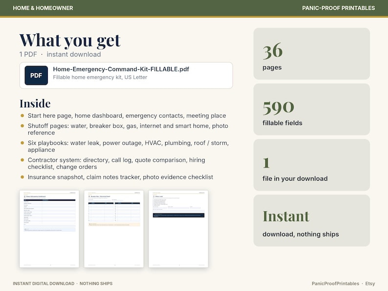 Puede incluir: Un kit digital de emergencia para el hogar en PDF imprimible con 36 p&aacute;ginas y 590 campos rellenables. El documento incluye secciones para contactos de emergencia, instrucciones de corte de servicios y seguimiento de seguros.