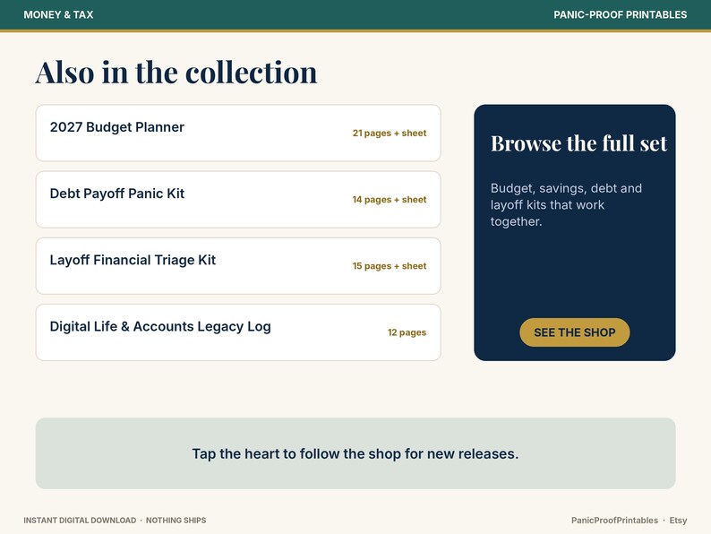 May include: A digital collection menu titled Also in the collection featuring a 2027 Budget Planner, Debt Payoff Panic Kit, Layoff Financial Triage Kit, and Digital Life & Accounts Legacy Log. A dark blue box prompts to Browse the full set.
